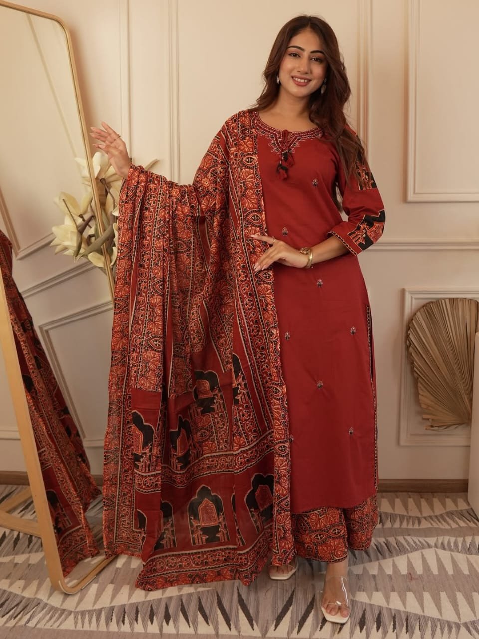 Heavy Cotton Embroidered Kurti Pant Dupatta Set